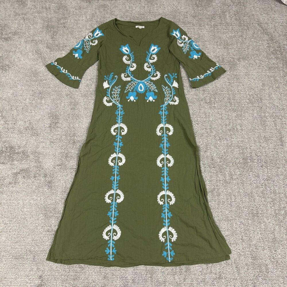 Debbie Katz Dress Womens Medium Embroidered Floral Green Cotton Beach Midi Maxi